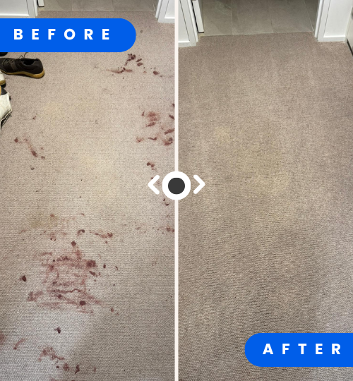 Before and after result of dirty carpet with red stains removed by professional cleaning in Riyadh